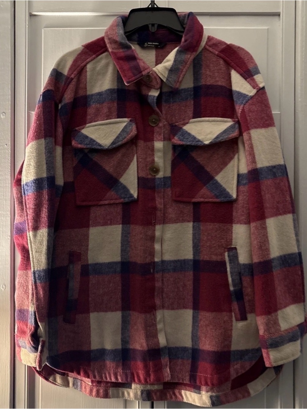Plaid Wool-Blend Shacket Jacket - Red & Cream